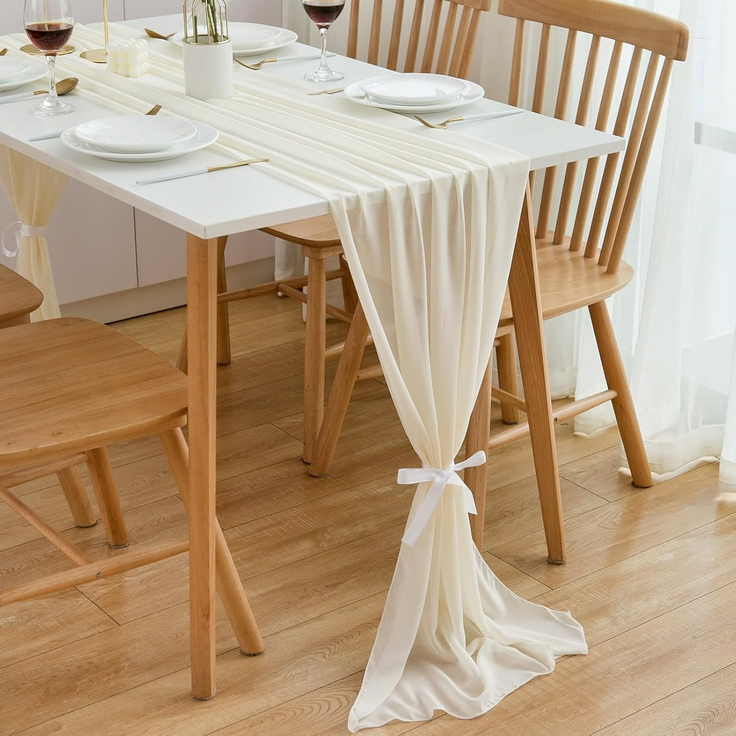 CHUQING Table Runner Wedding Tablecloth Romantic Sheer Table Runners for Bridal Shower Birthday Party Boho Table Decoration, 27X120 Inches,Light Brown