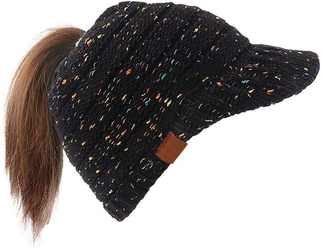 TOZLU Women'S Warm Chunky Cable Knit Messy Bun Hat Ponytail Visor Beanie Cap