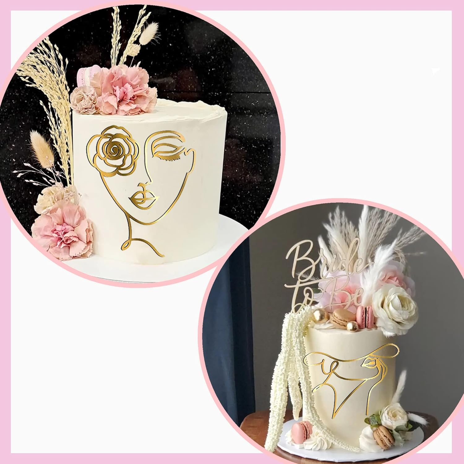 10 PCS Boho Cake Toppers Acrylic Minimalist Art Line Lady Face Cake Decorations for Wedding Bridal Shower Woman Girl Birthday Party Supplies (Gold) image number 4