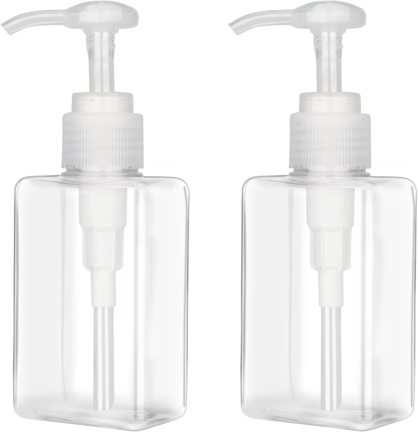 150Ml (5.1Oz) Pump Bottle Dispenser Jansburg 2 Pack Refillable Flat Square Plastic Lotion Dispenser Leakproof Empty Lotion Pump Bottle for Essential Oil Soap Lotion Shampoo Clear