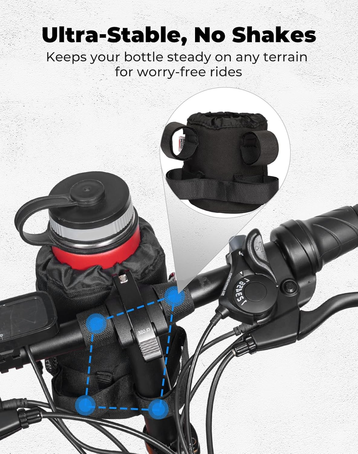 KEMIMOTO Bike Cup Holder, Bike Water Bottle Holder Handlebar with Mesh Pockets Oxford Fabric Bicycle Drink Cup Holder for Mountain Bike Road Kids Bikes E-Bike Cruiser Wheelchair Scooter up to 32Oz image number 3