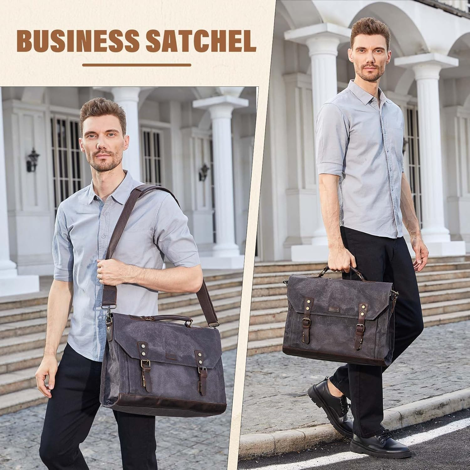 Vaschy Waxed Canvas Leather Messenger Bag for Men Vintage Laptop Bag Satchel Business Briefcase Shoulder Bag for Wrok, Travel Ftis 15.6In Laptop Gray