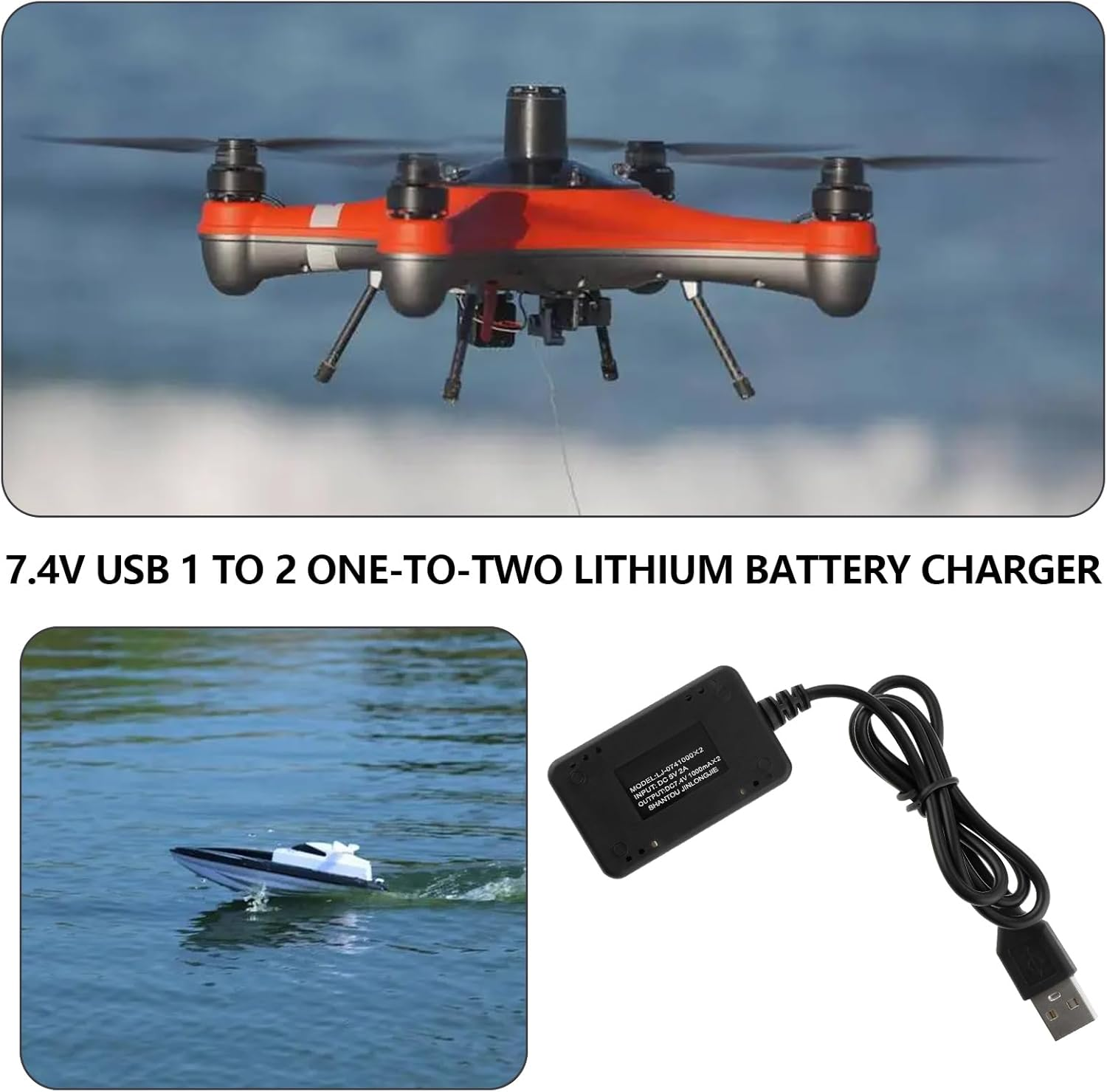 SING F LTD 1PC 7.4V 1 to 2 Charger Lithium Battery Charger with XH-3P Connector for Remote Control Drone Quadcopter Remote Control Boat 55Cm Black image number 6