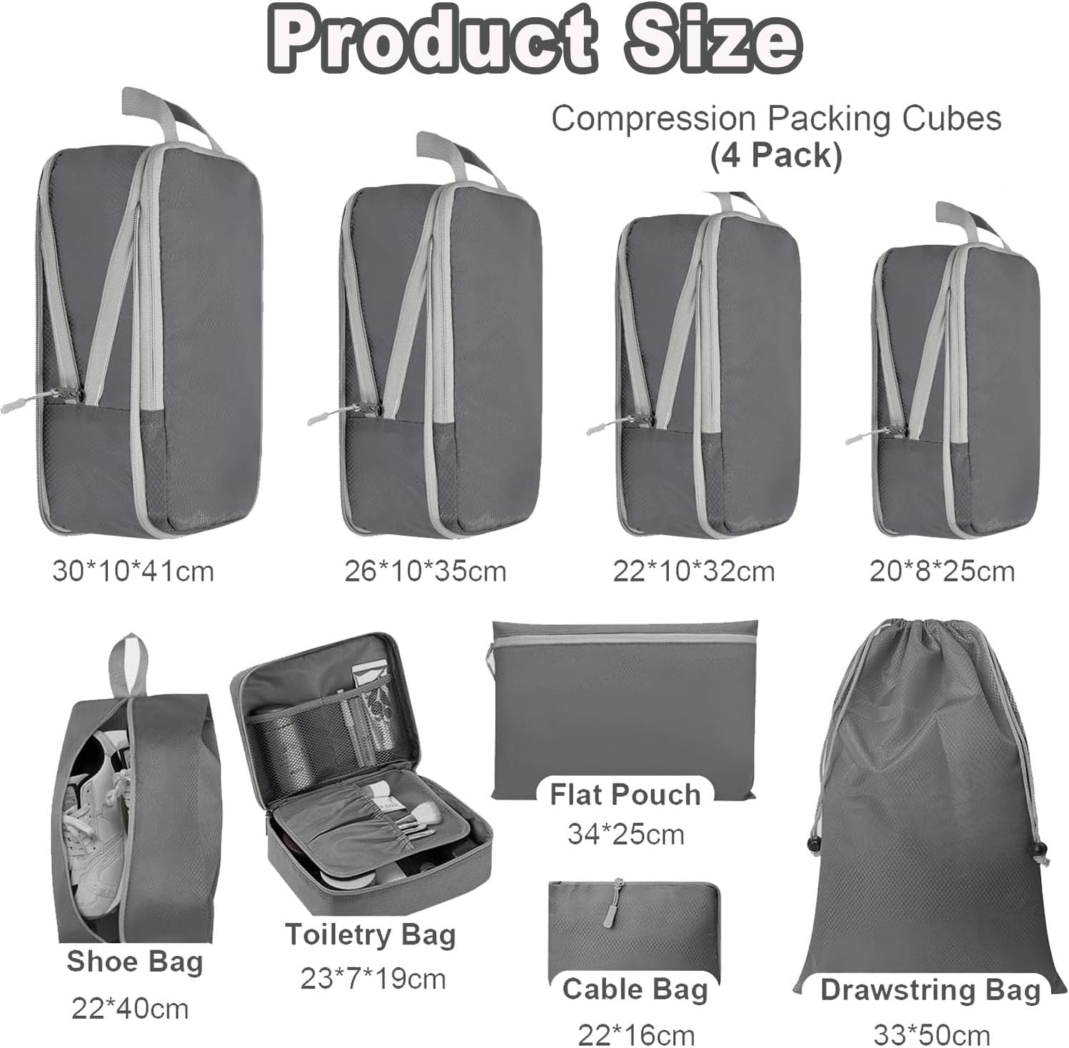 BEANPRECOY 9PCS Compression Packing Cubes for Travel - Waterproof Lightweight Luggage Organizers Set,Various Sizes Space Saver Bags for Carry-On Suitcase,Backpack,Vacation Tour Accessories (Blue/Gray) image number 3