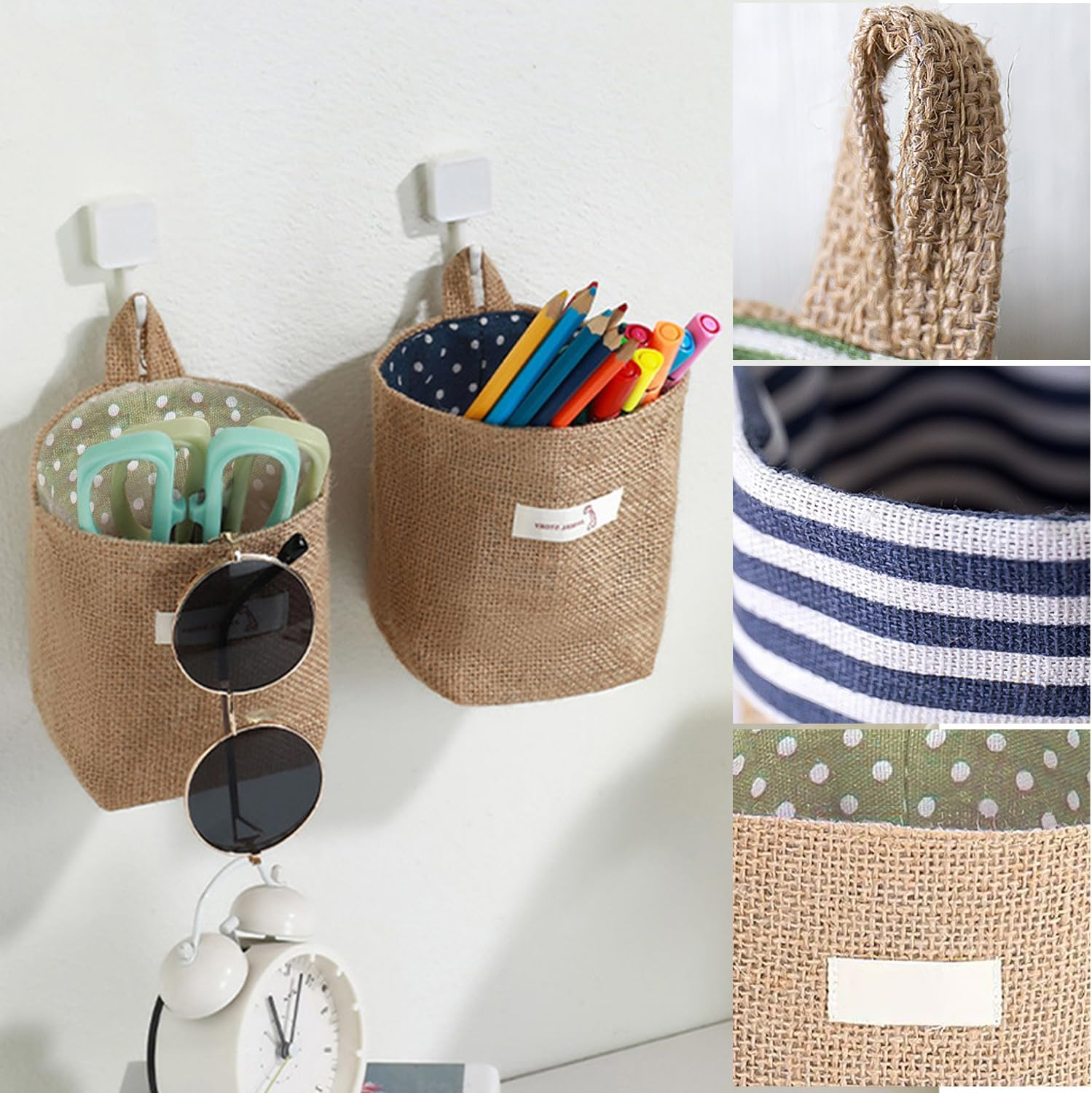 4 Linen Hanging Bags, Storage Bags, Hanging Storage Baskets, Desk Organisation, Foldable Storage Baskets, Removable and Foldable, with S Hooks, Toy Storage