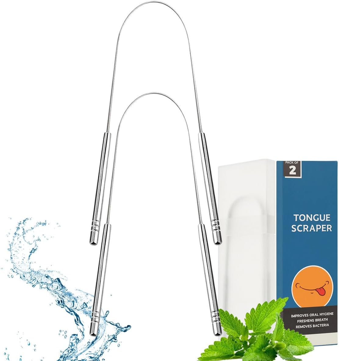 2 Pack Tounge Scrapers, Cure Bad Breath Stainless Steel Tongue Cleaner Metal Scrubber with Travel Case for Adults, with Non-Synthetic Grip Surgical Grade Dental Kit for Eliminating Halitosis Treatment image number 2