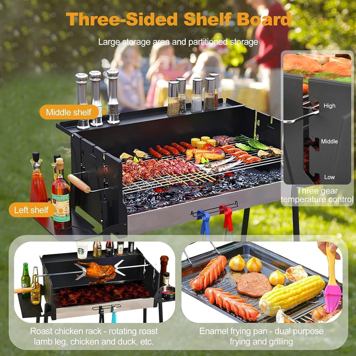 Foldable Portable Charcoal Grill, Large Outdoor BBQ Grill with 3 Adjustable Heights, Detachable Charcoal Grill with Stand for Garden Picnic Outdoor Cooking image number 2