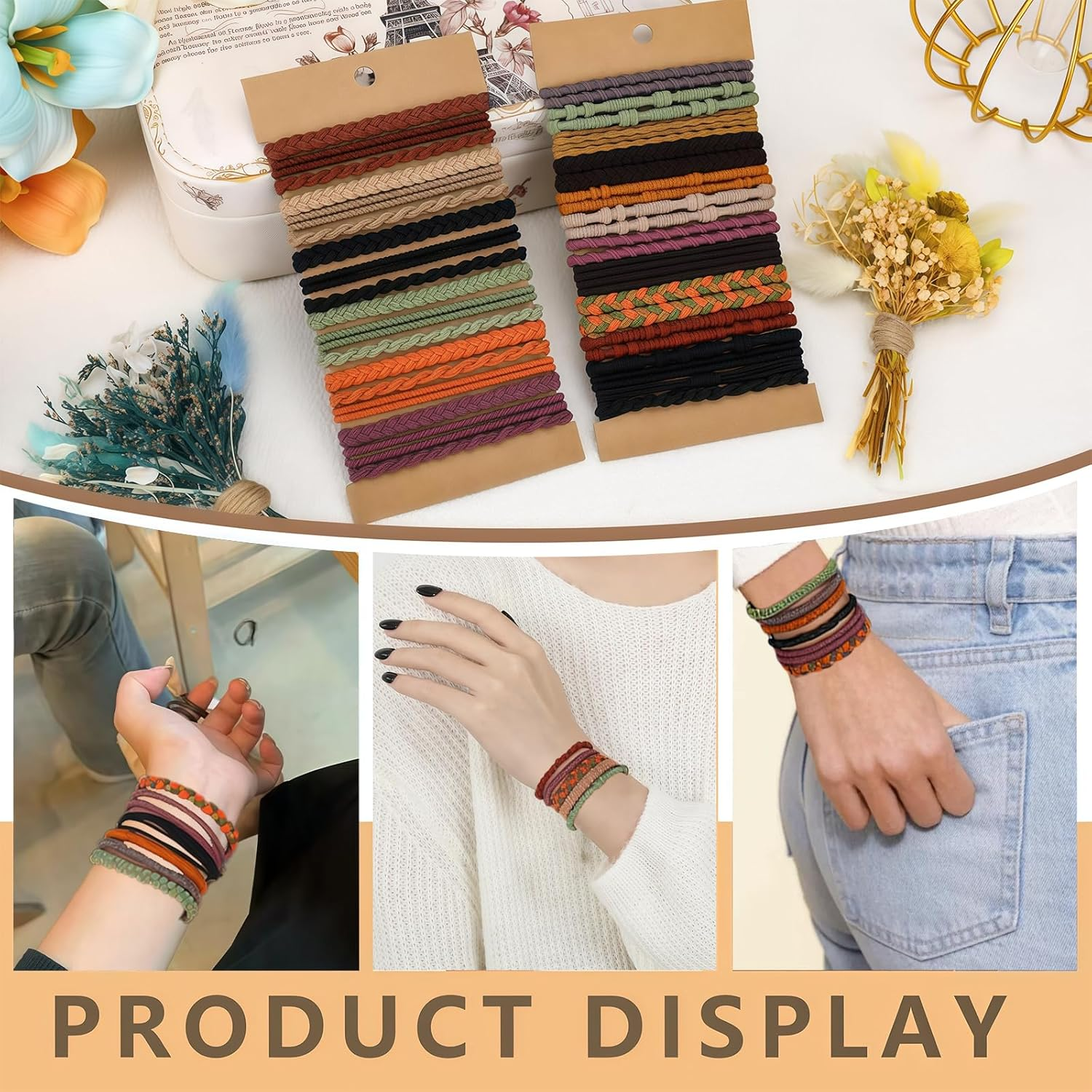 Vesavifaka Boho Hair Bobbles 42 Pieces, Hair Accessories for Women and Girls, Hair Scrunchie Bracelets, Ponytail Holder for Girls with Thick Thin Hair, Soft 2-In-1 Hair Bobbles without Hair Damage image number 6