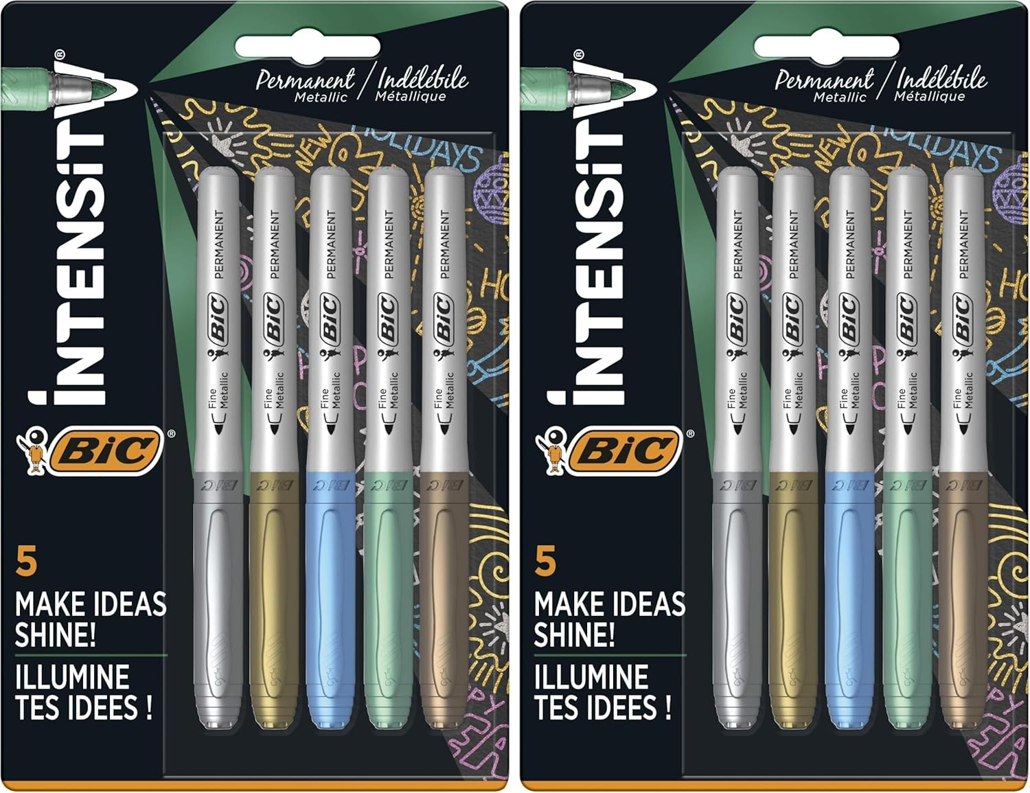 BIC Metallic Permanent Markers - Pack of 5 - Variety of Metallic Colours - for Dark and Light Surfaces - Low Odour