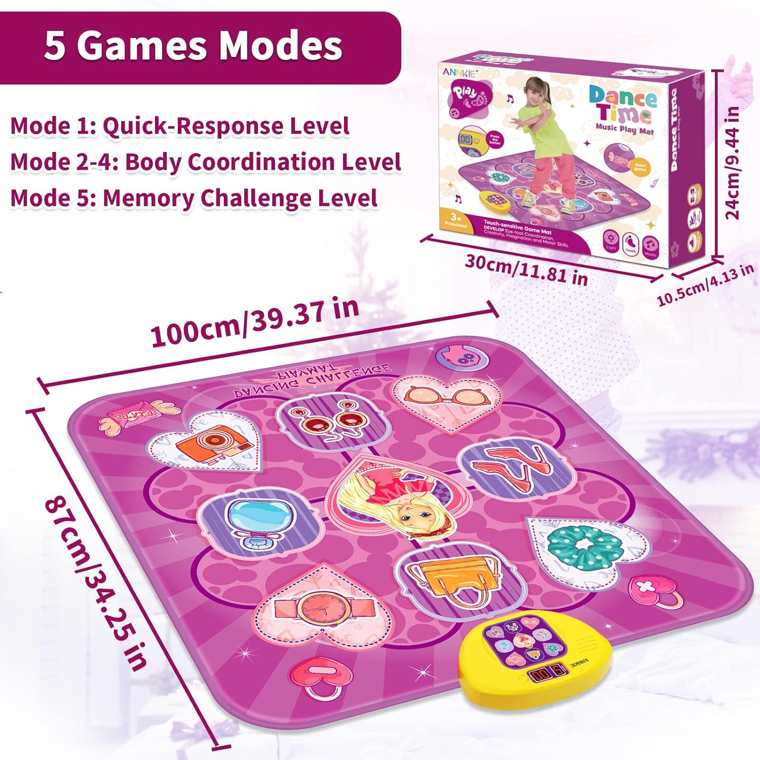 Dance Mat,Toys for 3 4 5 6 7+ Year Old Girls,Dance Mat for Kids,Electronic Music Dance Pad Toy with LED Lights,5 Game Modes Princess Dancing Mat,Birthday Xmas Gifts for Age 3-8 Year Old Girls image number 5