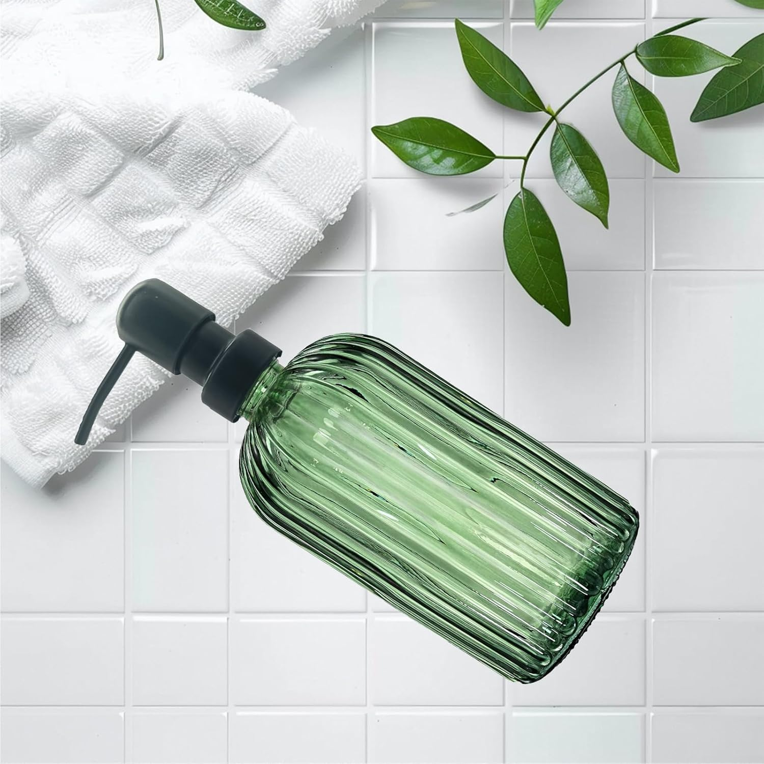 13.5Oz Green Glass Soap Dispenser Bathroom with Black Rust Proof Stainless Steel Pump, Clear Liquid Lotion Bottles Refillable Dish Dispensers with Vertical Stripe, Hand Dish Dispenser for Kitchen image number 6