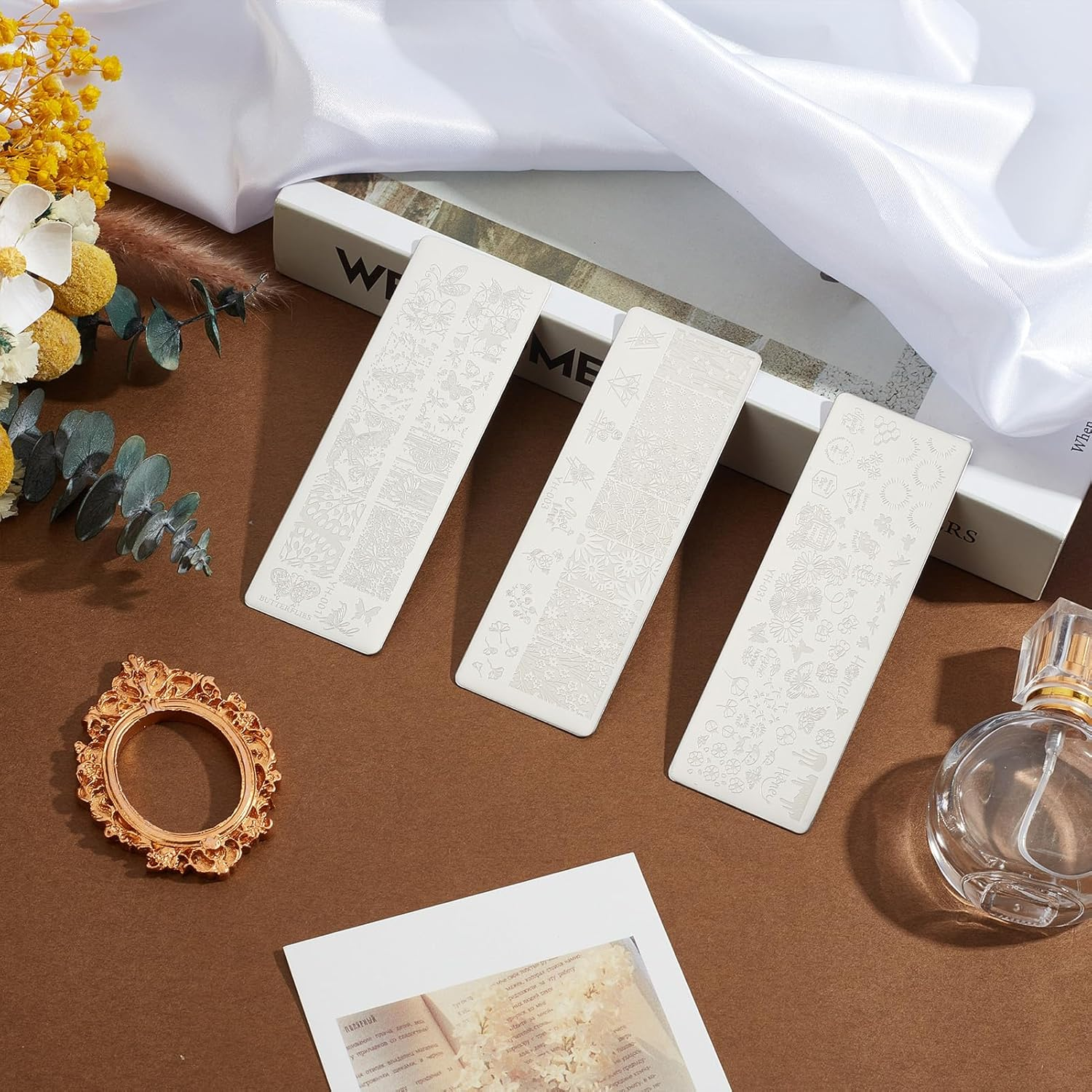 NICENEEDED Pack of 3 Nail Art Plates with Flowers and Butterflies Rectangular Stamp Plates with Flower Motif Spring and Summer DIY Print Manicure Salon Design Kit for Women