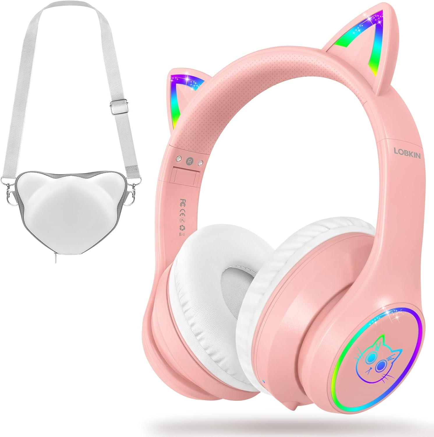 LOBKIN Bluetooth 5.4 Kids Headphones with Case - RGB LED Light up Cat Ears Foldable Adjustable On-Ear Headset Support Wireless or 3.5Mm Wired Mode for Toddler & Girls & Boys Teens (Purple)