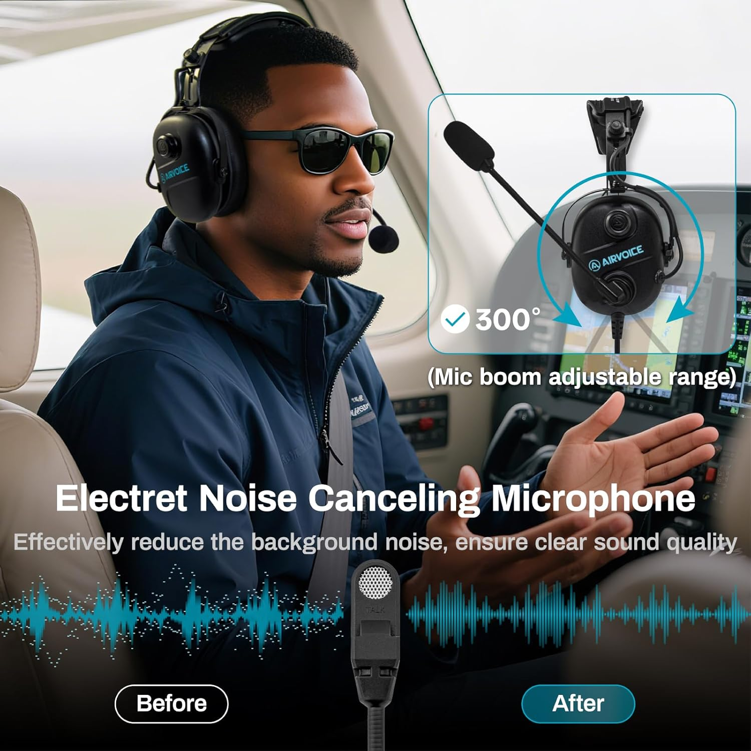 AIRVOICE Aviation Headset for Pilot with Stereo Mono Compatibility and 25 Db Passive Noise Cancellation, PNR General Aviation Headset with Noise Canceling Microphone, Adjustable Headband, Lightweight image number 3