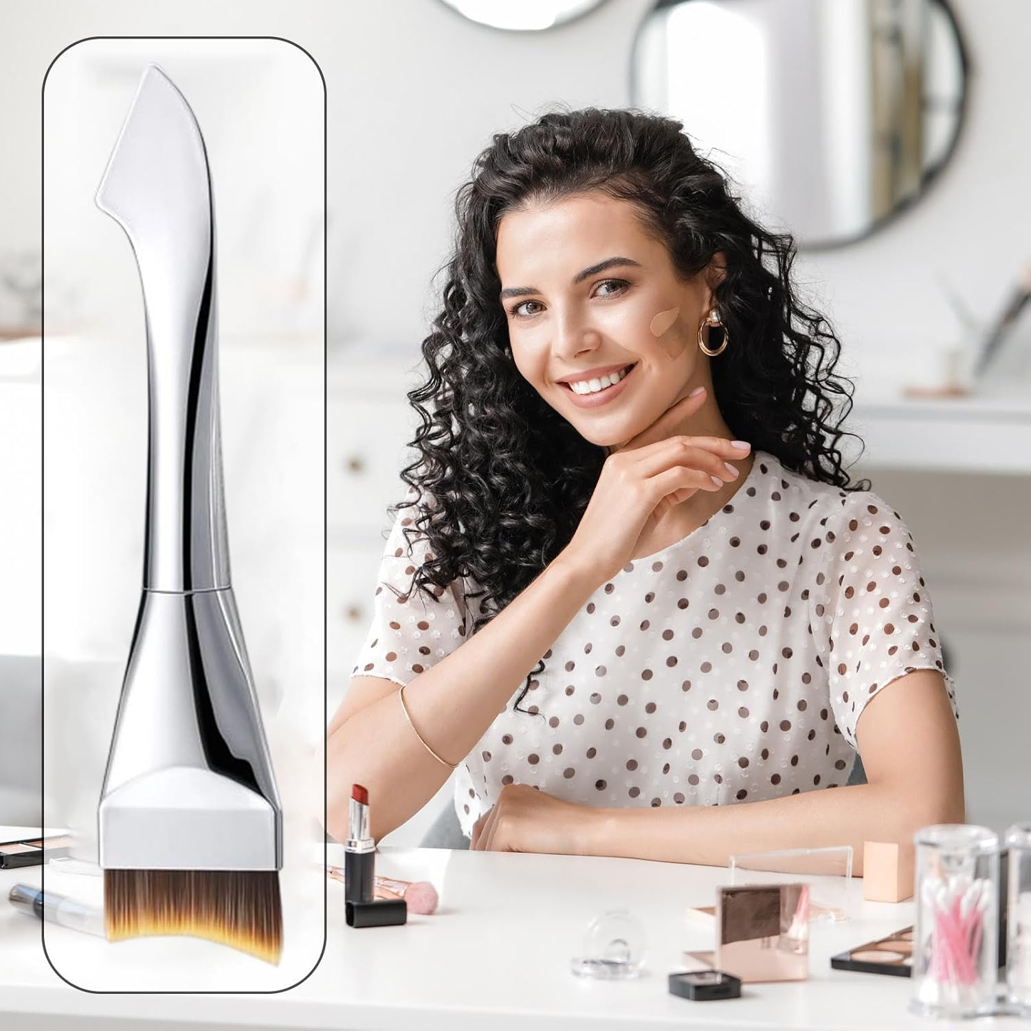 Flat Foundation Brush,Wet Dry Use Concealer Tool - Flat Top Foundation Brush - for Blending Liquid Cream Cheek Nose Face - G1135 Crescent Foundation Brush image number 6