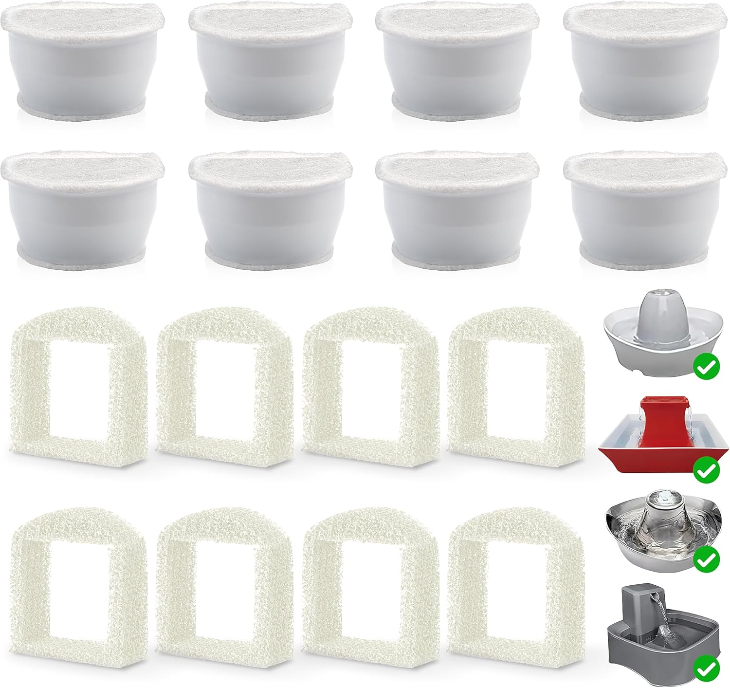 Cat Fountain Filter for Petsafe Drinkwell, 8 Pieces Replacement Filter Drinking Fountain Cats & 8 Pieces Pre Filter Foam, Cat Fountain Replacement Carbon Filter for Avalon Pagoda Gallon Sedona