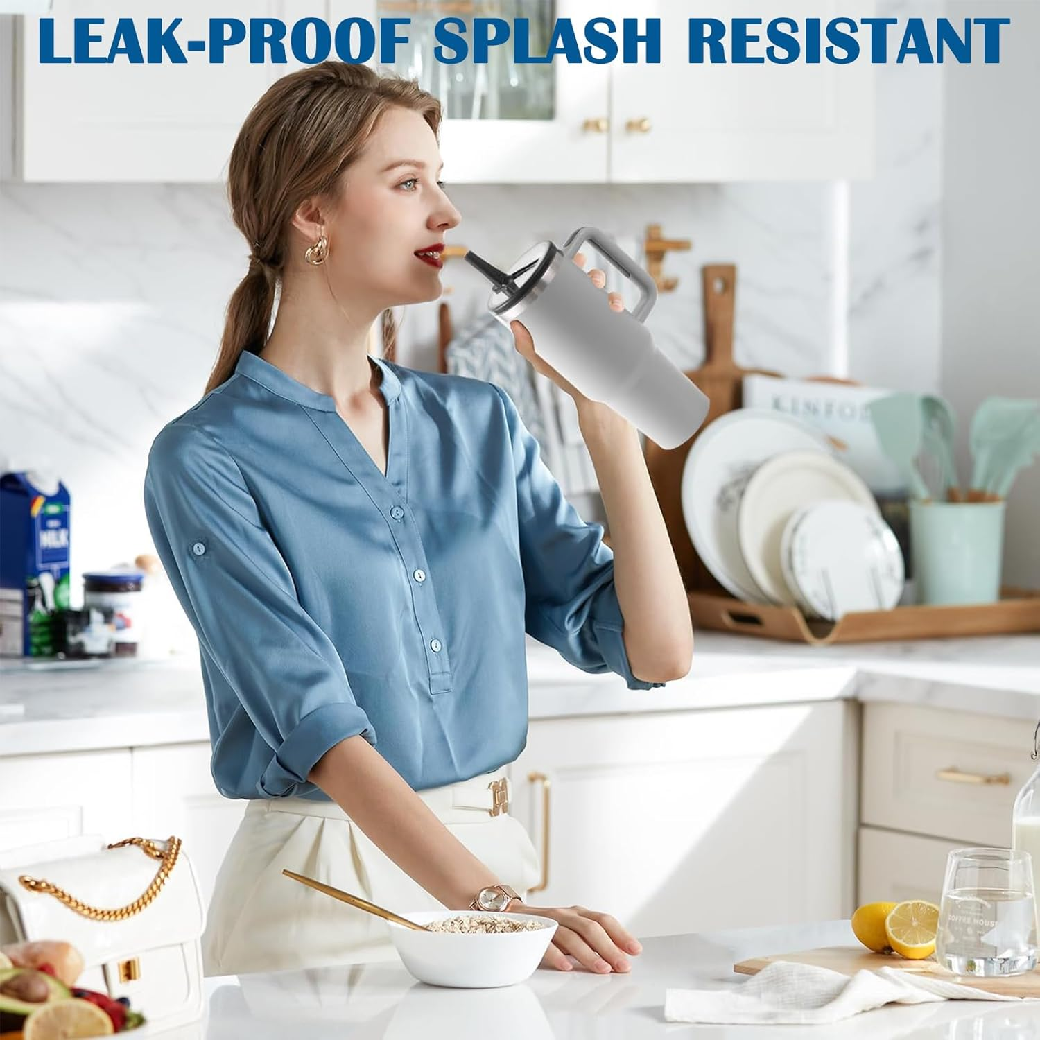 40 Oz Tumbler Flip Straw Lid Replacement Fit for Stanley Quencher,Spill Proof Splash Resistant Tumbler Lids,Reusable Tumbler Cover for Stanley Cup Accessories,Pack of 2,Black