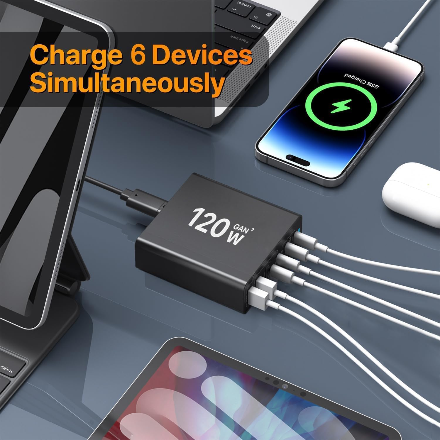 USB C Charging Station, 6 Port Charger【4 USBC + 2 USBA】 Total 120W Block Hub, Fast Charge PD20W Type C, Multiple Plug Power Adapter Compatible with Iphone 11/12/13/14/15/16/Galaxy S21/S22/S23/Tablet image number 3