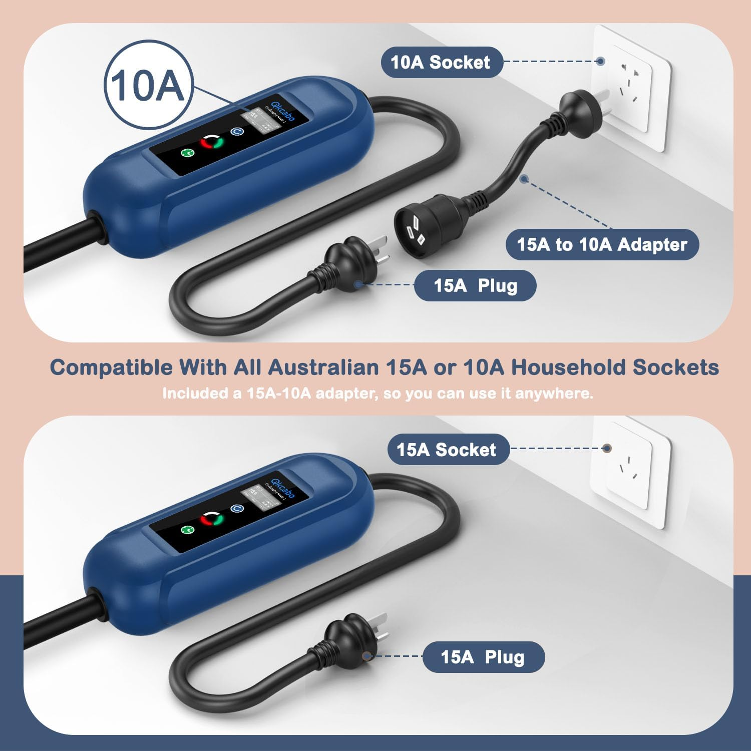 Qkcabo Type 2 Electric Vehicle Charger 15A EV Charger 240V, 7.5 Meters, 8/10/13/15A Adjustable, IEC 62196-2 Mennekes Portable EVSE EV Charging Cable Station for Tesla/Byd/Mg/Cupra/Polestar image number 2
