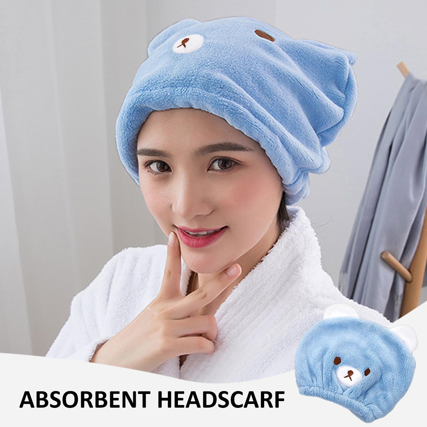 Nyxseat Pack of 2 Bear Dry Caps, Dry Turban, Fast Absorbing Turban, Shortening Blow Drying Time, Suitable for Showering, Makeup and Facial Care (Blue, Pink) image number 4