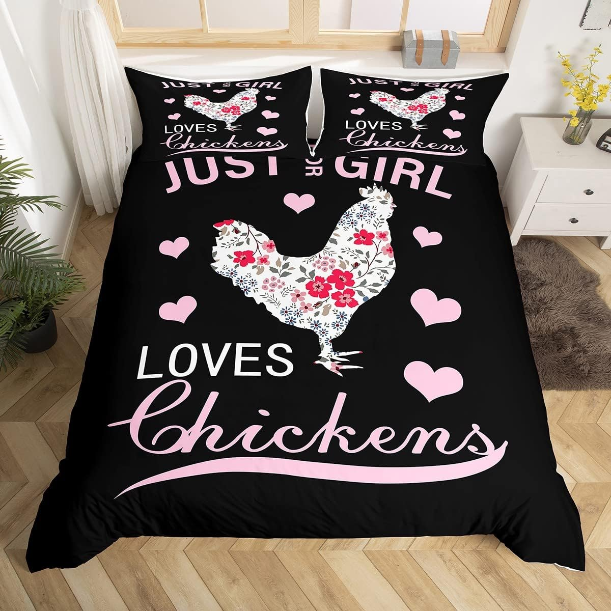 Girl Loves Flower Chicken Comforter Cover 135 X 200 Rustic Farm Animal Print Bedding Set for Girls Kids Teens Room Colorful Floral Decor Hen Duvet Cover Pink Love Heart Bedspread image number 1
