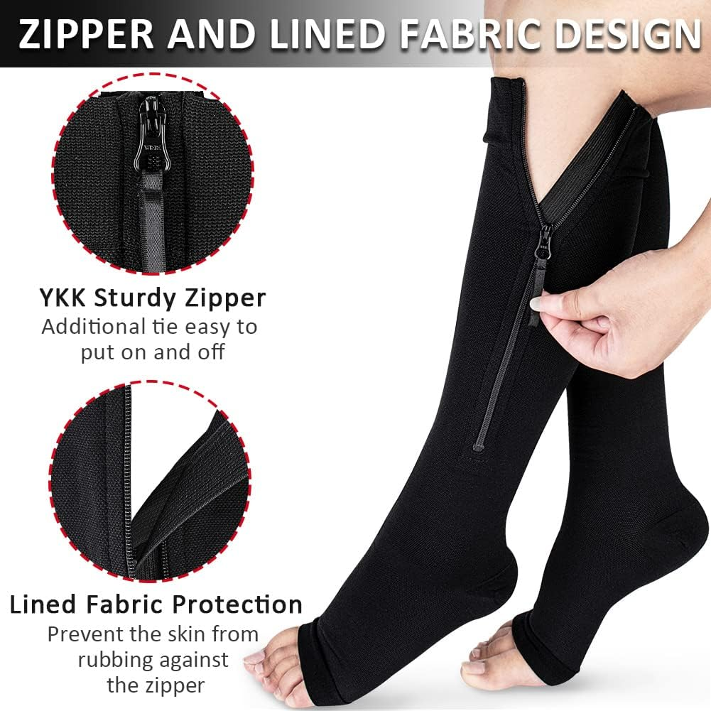 Ailaka Medical Compression Socks with Zipper, Knee High 15-20 Mmhg Compression Socks for Women Men, Open Toe Support Socks for Varicose Veins, Edema, Recovery, Pregnant, Nurse image number 3