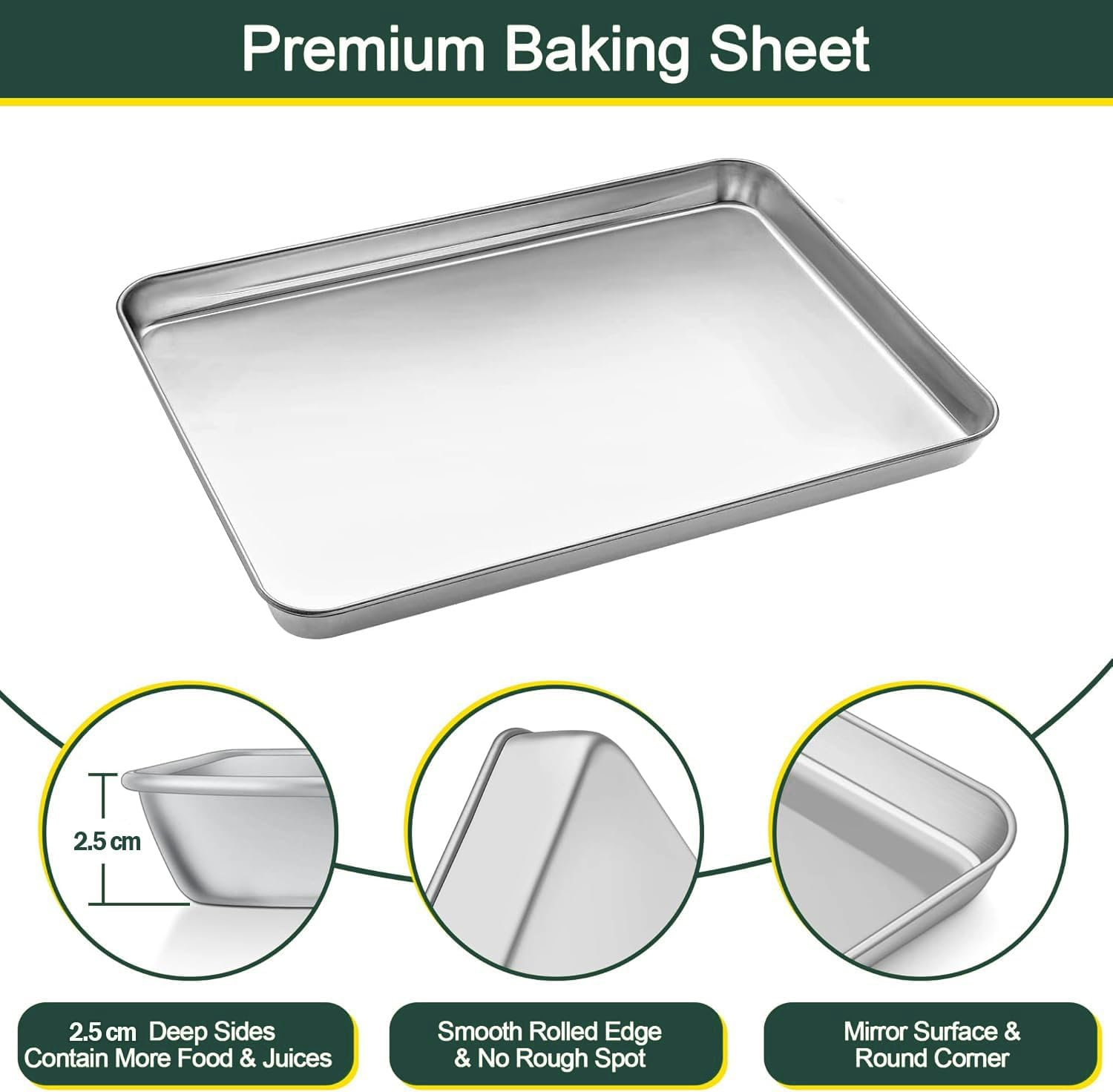 Baking Tray with Rack Set, Stainless Steel Cookie Sheet Baking Sheets with Cooling Rack for Oven, Healthy & Heavy Duty, Sturdy & Dishwasher Safe(2 Pans + 2 Grid Racks)