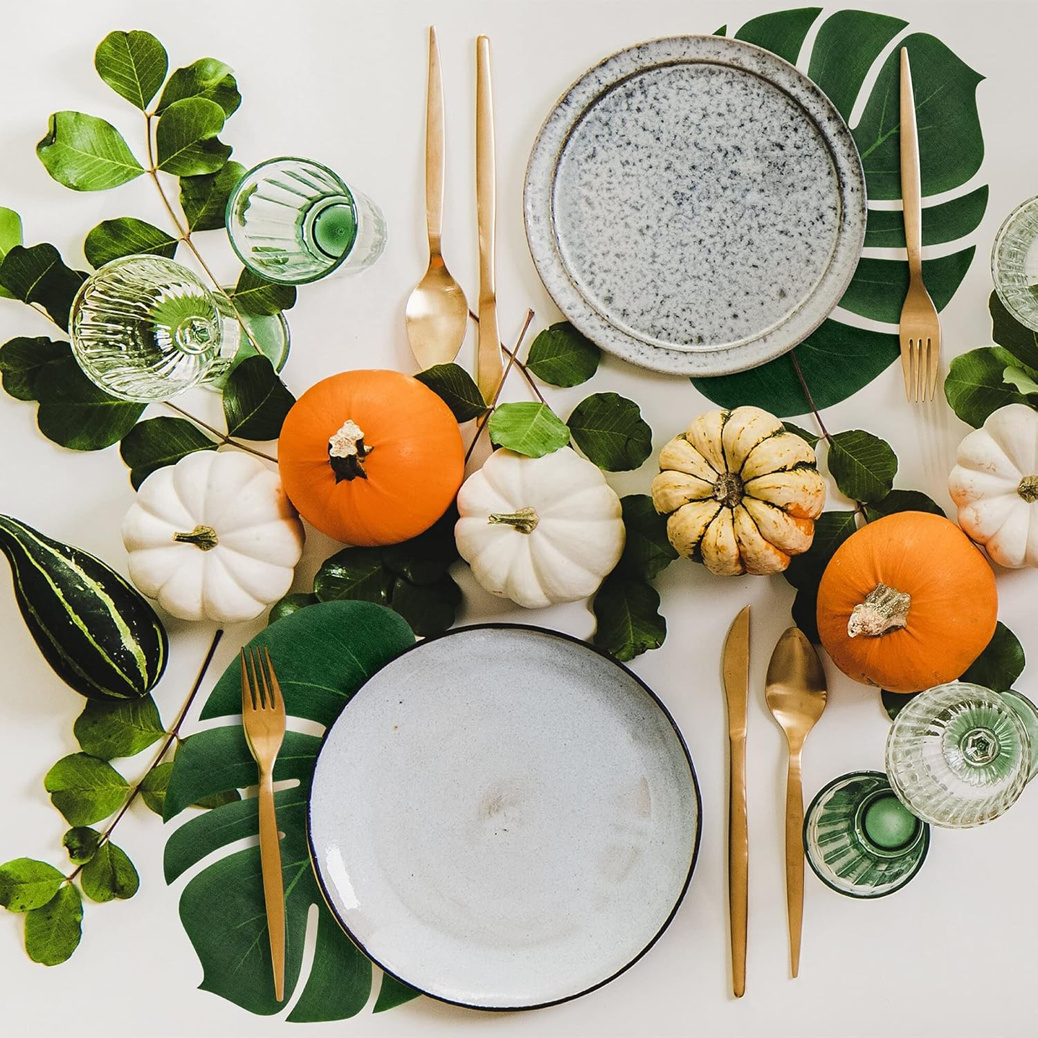 ATFL Artificial Palm Leaves, 50 Pcs Big Leaf Placemats, Green, 13.38" X 11.4", Tropical, Large-Leaf, Reusable, Home Decor image number 1