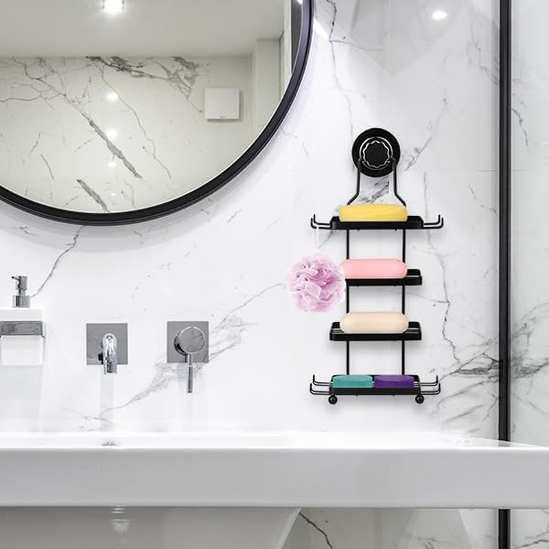 Soap Holder for Shower Wall 4 Tier Square Soap Rack with Hook Dish Stainless Steel Bar Shower Bathroom Self Draining Rustproof Rack Powerful No Drilling(Black)