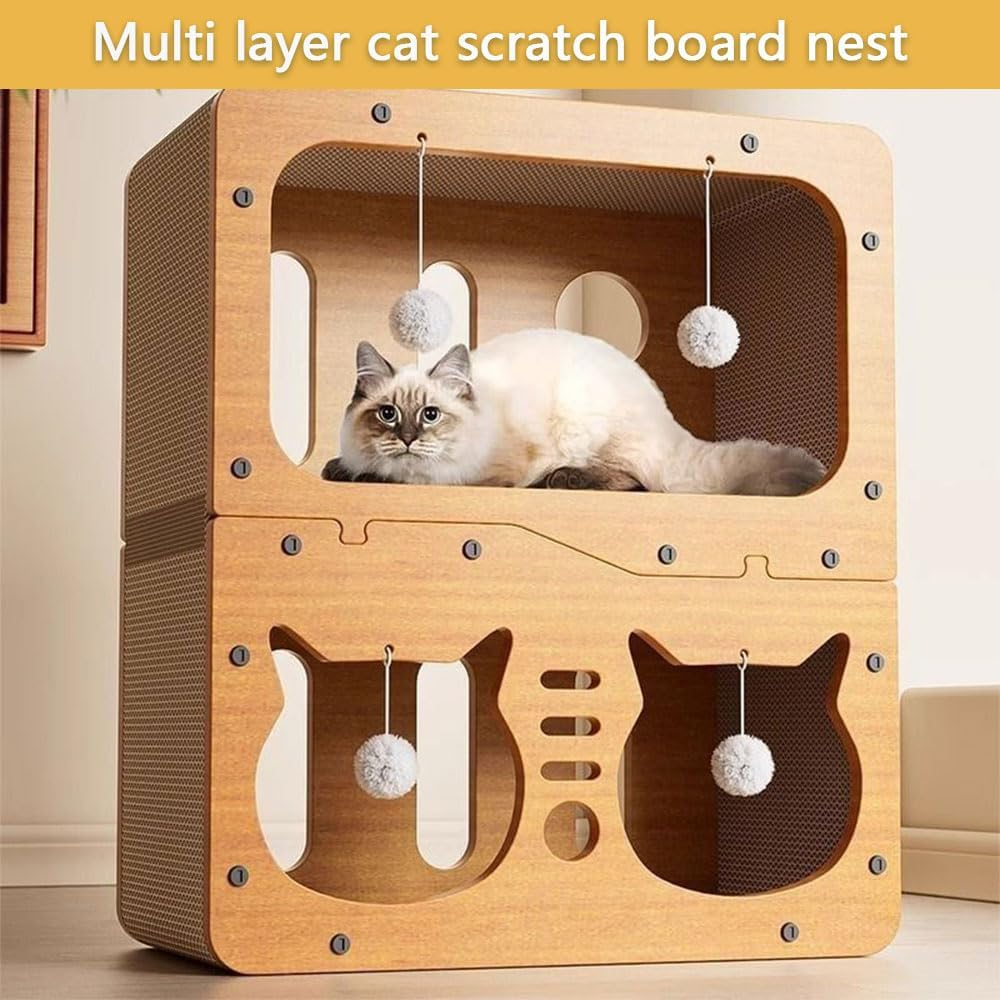 Double-Layer Cardboard Cat House &ndash; Indoor Cat Hideaway with Scratching Pads & Hanging Ball Toy, Durable Corrugated Cat Condo, Easy to Assemble for Kittens & Adult Cats (45&times;28&times;51Cm) image number 4