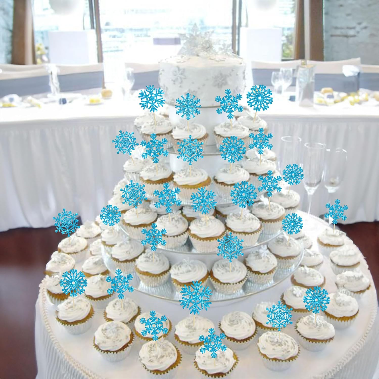 Gyufise 30Pcs Snowflake Cupcake Toppers Blue Glitter Winter Frozen Cupcake Picks Winter Wonderland Cake Decorations for Snowflake Winter Christmas Kids Birthday Party Supplies