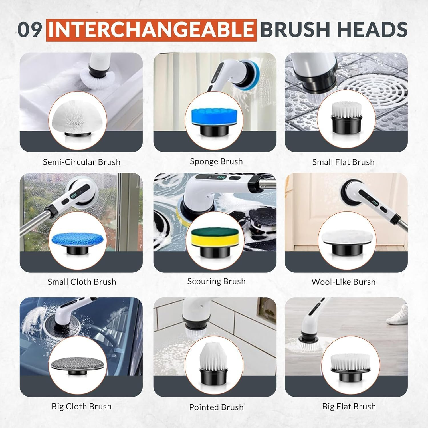 Electric Spin Scrubber, Cordless Electric Cleaning Brush Set &ndash; 9 Replaceable Drill Brush Heads, Upgraded Extension Handle, Powerful Scrubber for Bathroom, Kitchen, Tiles, Floor (White) image number 5
