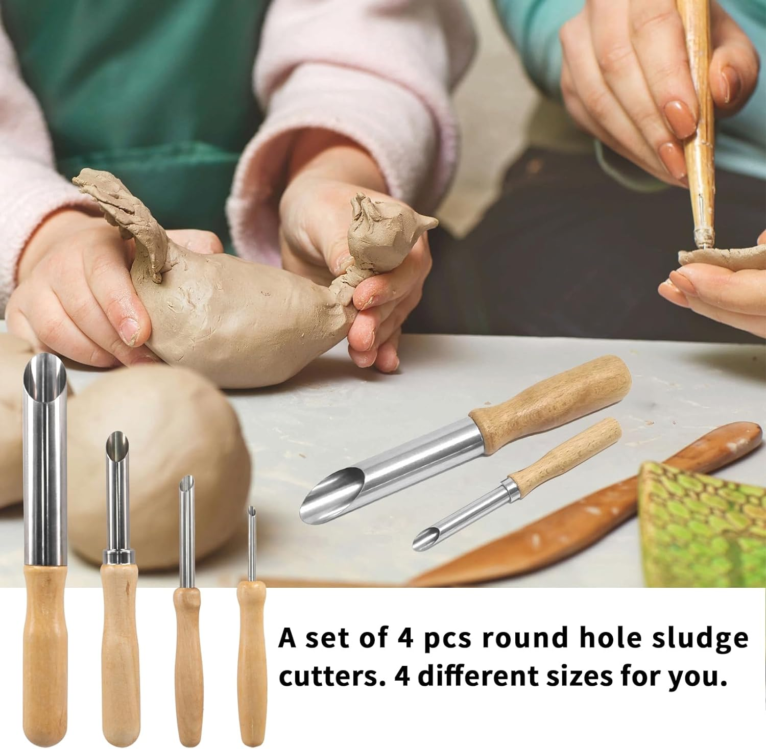 4 Pack Stainless Steel Circular Clay Hole Cutters, Wooden Handle Clay Tools for Drilling and Sculpture, Pottery Tools and Supplies image number 2