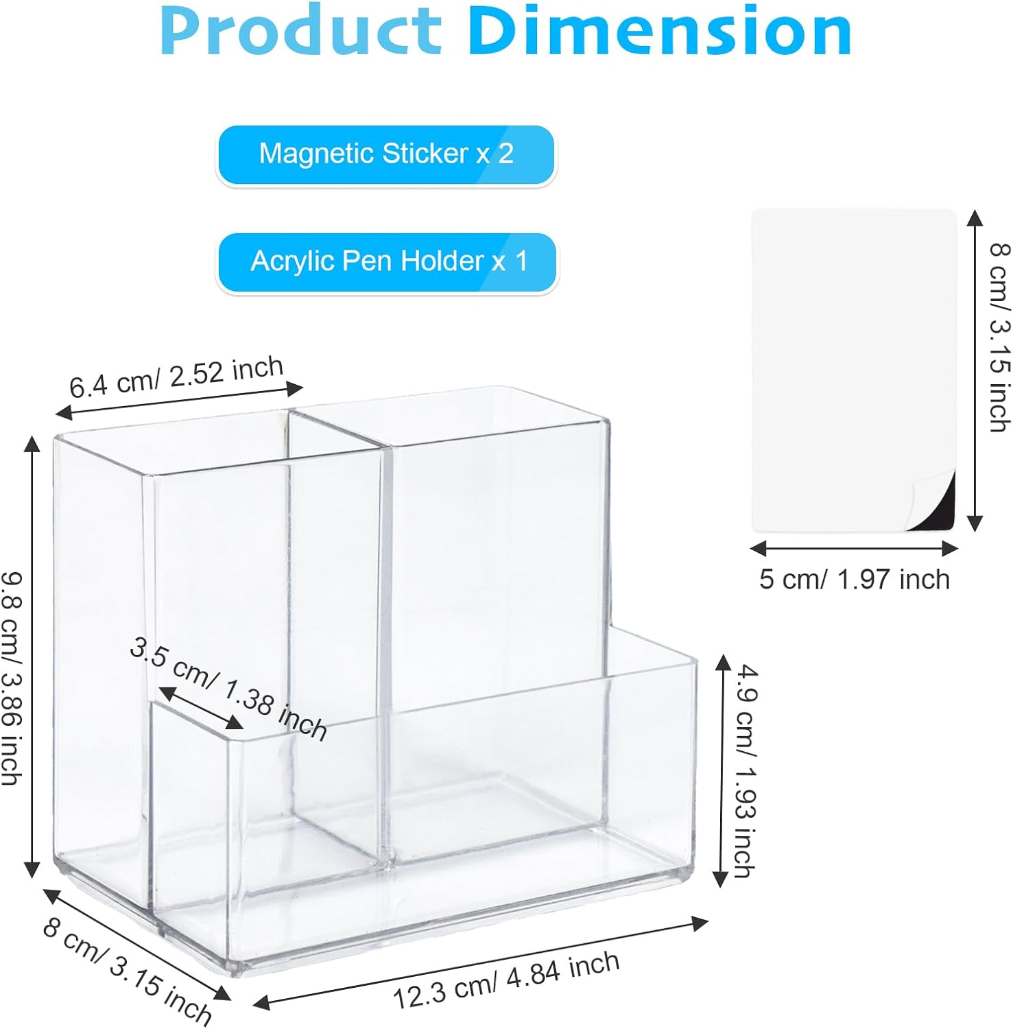 Marte Vanci Pen Pencil Holder, Acrylic Pen Holder Clear Makeup Brush Holder Desk Organiser Pen Pot Stationery Art Supply Storage with 2 Magnetic Squares Desktop Accessories 3 Slots Clear 1 Pack image number 3