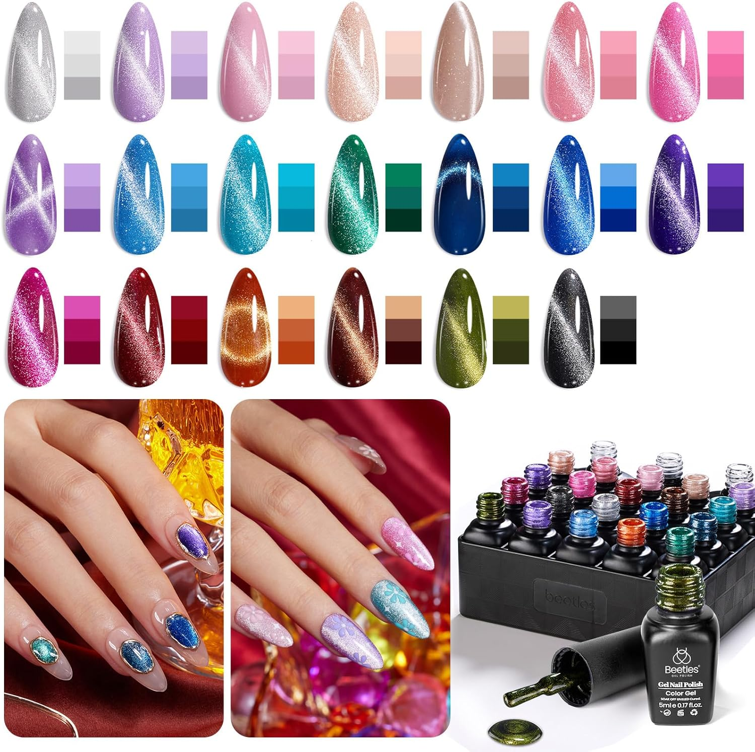 Beetles 20 Colors Cat Eye Gel Nail Polish Set with Base Gel and Matte Glossy Top Coat, Nude Pink Green Blue Gel Polish Lush Velvet with Magnet Soak off LED Nail DIY Art Home Salon Gifts for Women image number 4
