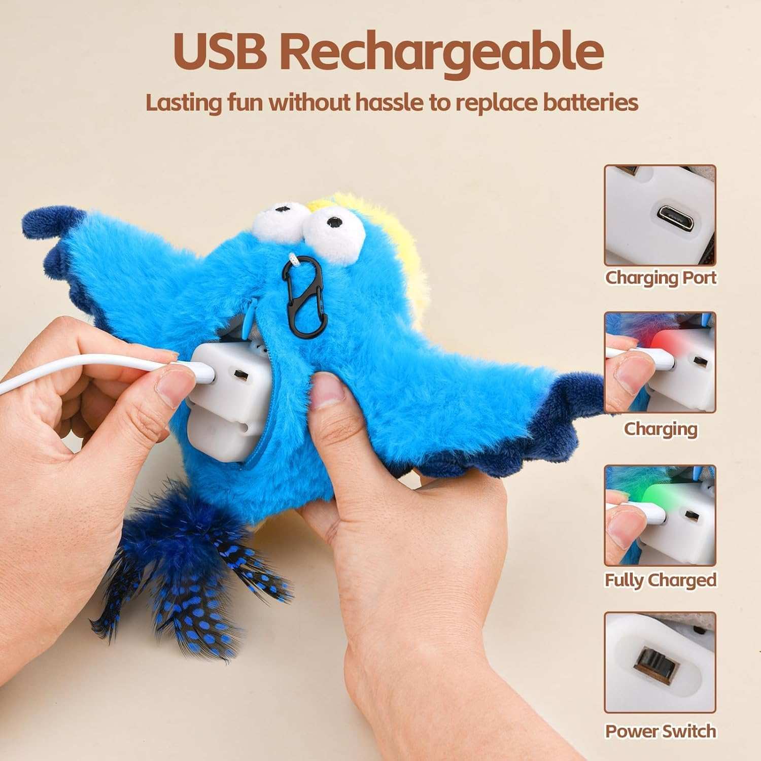 Flapping Wings Bird Catnip Toys, Vivid Chirping, Simulation Bird Interactive Cat Toy for Kitten Kitty Exercise, Fluffy Plush Toys, Touch Activated, USB-C Charging, Built-In 500Mh Battery (Bluebird) image number 3