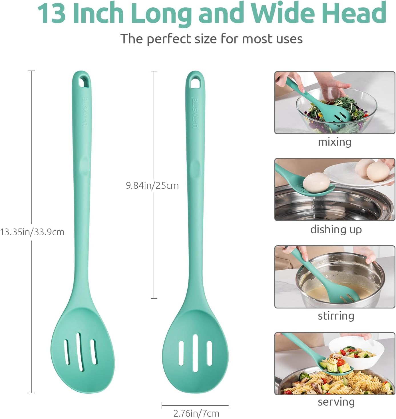 13.6" Slotted Cooking Spoon: U-Taste 600&ordm;f Heat Resistant Kitchen Mixing Spoon, BPA Free Nonstick Long and Large Rubber Soup Utensil for Serving, Basting, for Pot Cookware (Aqua Sky)