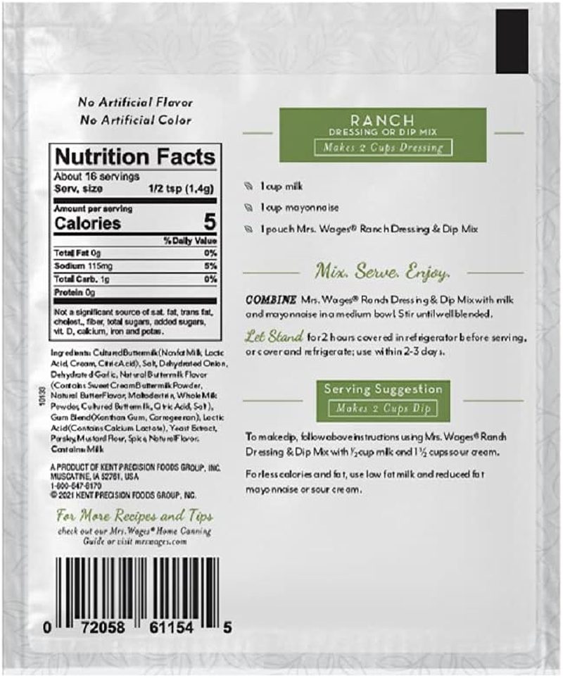 Mrs. Wages Ranch Dressing and Dip Mix, 0.8 Oz, Pack of 12 image number 6