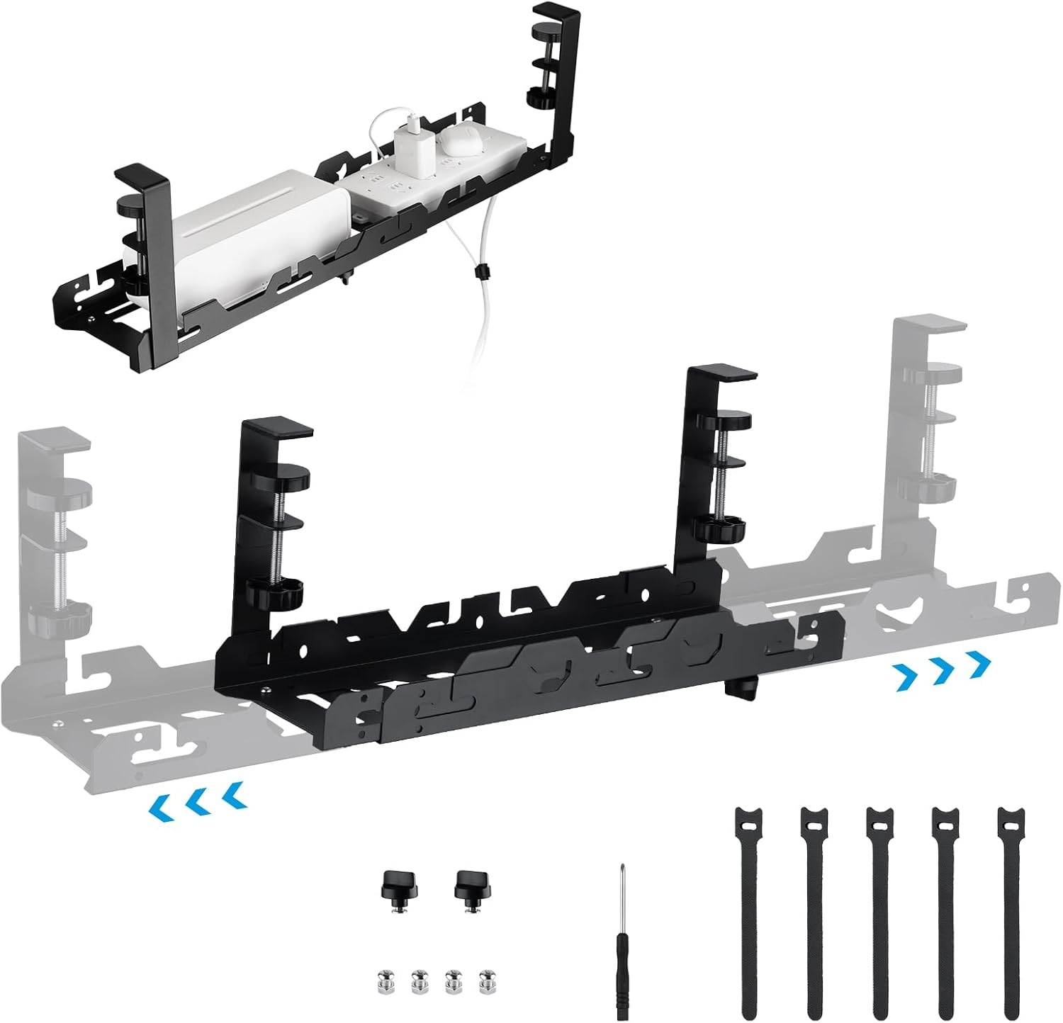 Under Desk Cable Management Tray,45-72Cm Adjustable Length Non-Drill Installation Cord Management for Home Office,Durable Carbon Steel Black image number 5