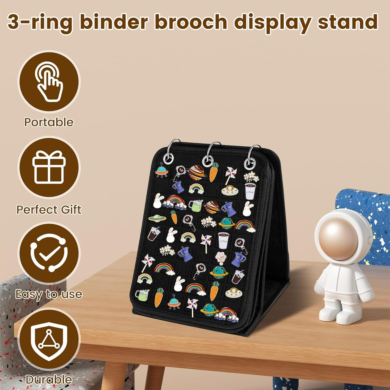 Pin Display Holder, Large Capacity Felt Brooch Display Binder, Foldable Enamel Pin Collection Storage Organizer, with 3 Binders 5 Pages for Store 270 Pins,Travel Brooches, Sports Medals, Paper Clips image number 3