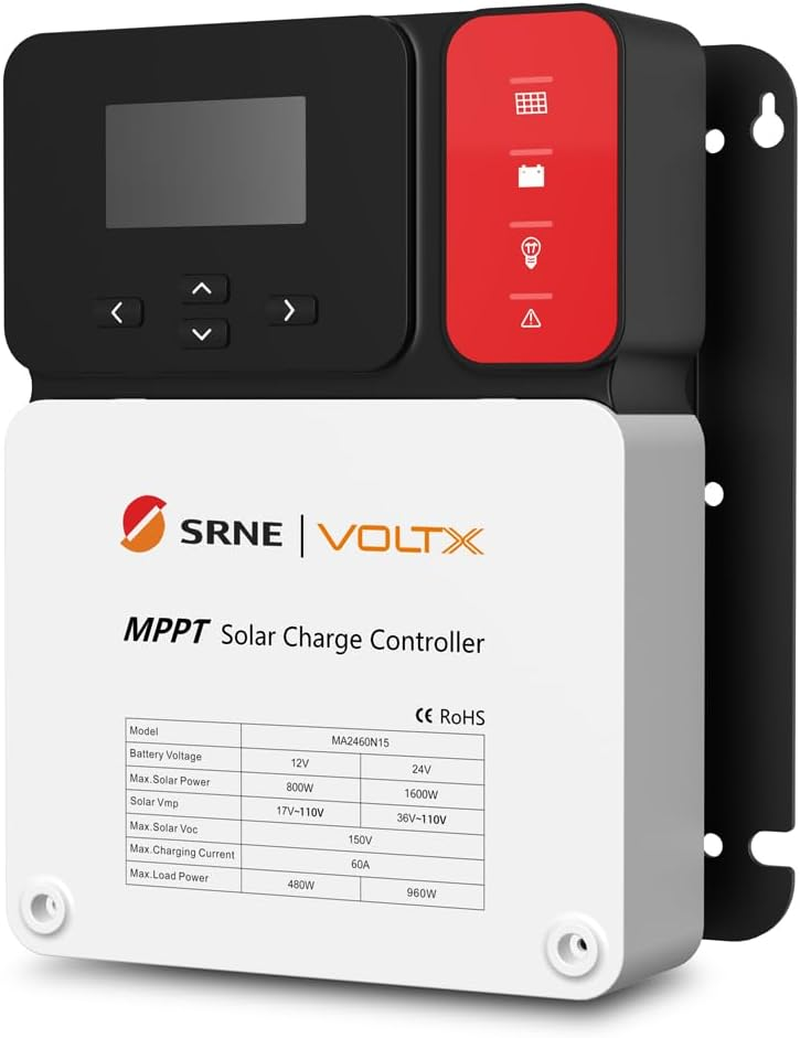 SRNE VOLTX 60A MPPT Solar Charge Controller 12V/24V Adjustable LCD Display Solar Panel Regulator for Gel Sealed Flood and Lithium Batteries