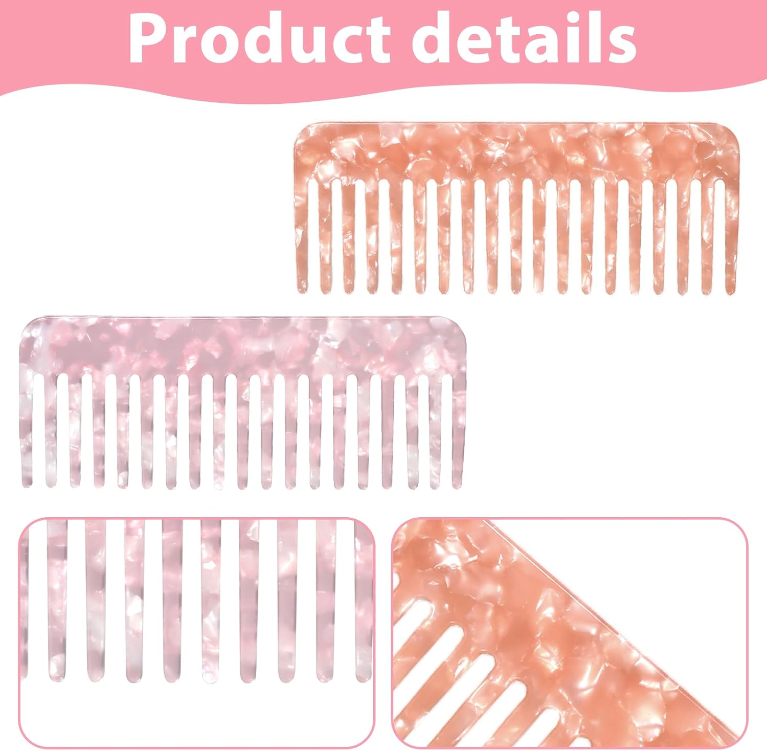 2 PCS Cellulose Acetate Wide Tooth Comb for Women, Large Hair Detangling Comb Wide Tooth Pocket Combs for Wet and Dry Hair Women Thick Curly Wavy (Pink, Light Orange) image number 4