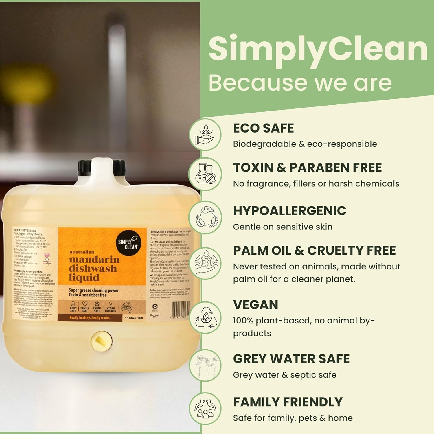 Simplyclean Mandarin Dishwash Liquid - Natural Dish Soap with Pure Australian Mandarin Essential Oil - Concentrated Grease Cutting Formula - Gentle on Skin - 15 Litres image number 4