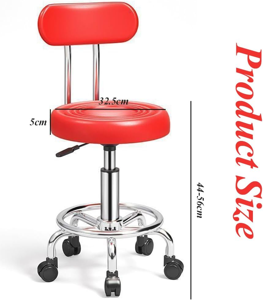 TOMVAES Rolling Stool with Back,Pu Leather Height Adjustable Swivel Task Chair with Footrest for Home Office,Salon,Spa (Red) (Red) - Red image number 4