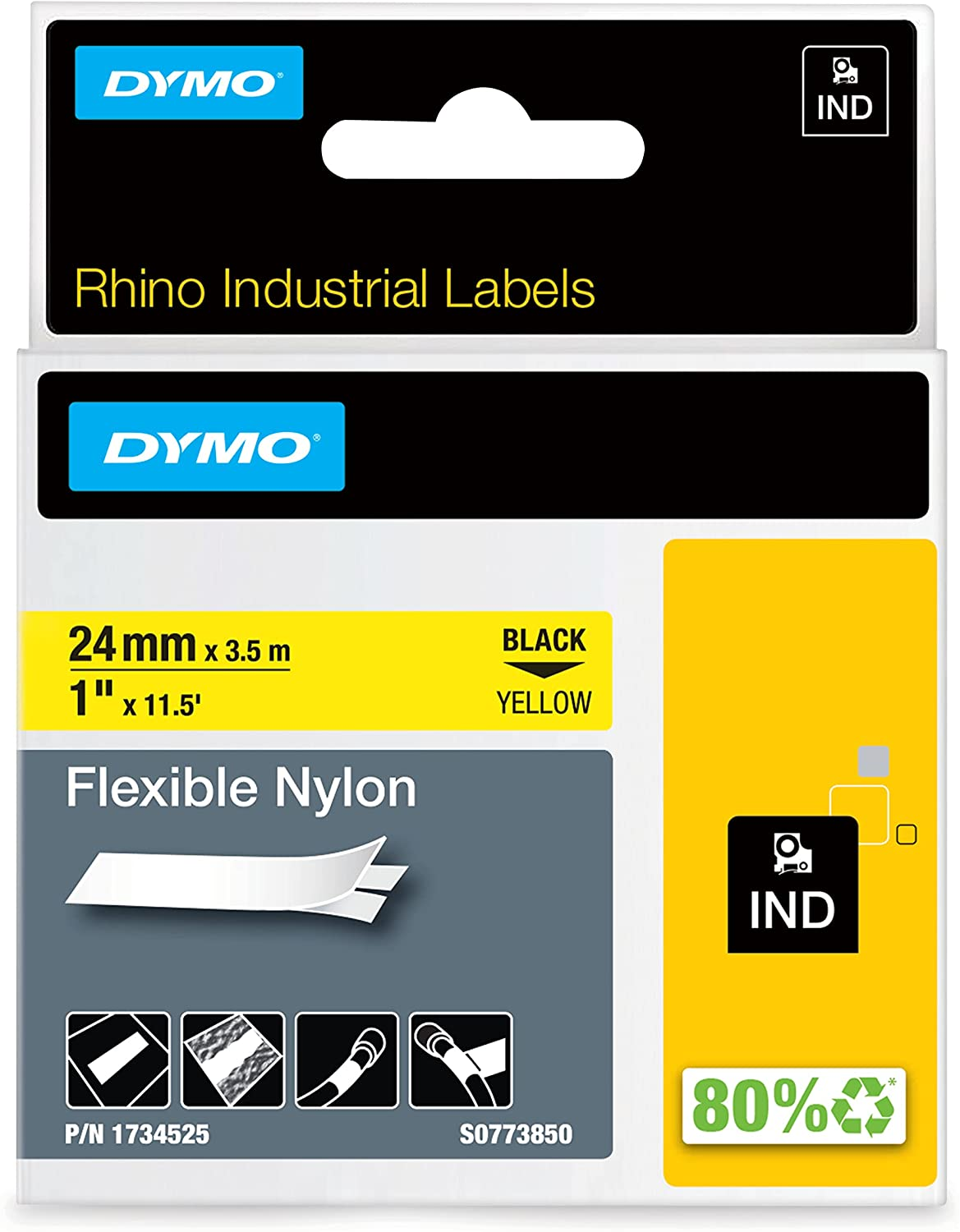 DYMO Rhinopro Industrial Flexible Nylon Labels, 19 Mm X 3.5 M Roll, Black Print on White, Self-Adhesive, 18489 image number 3