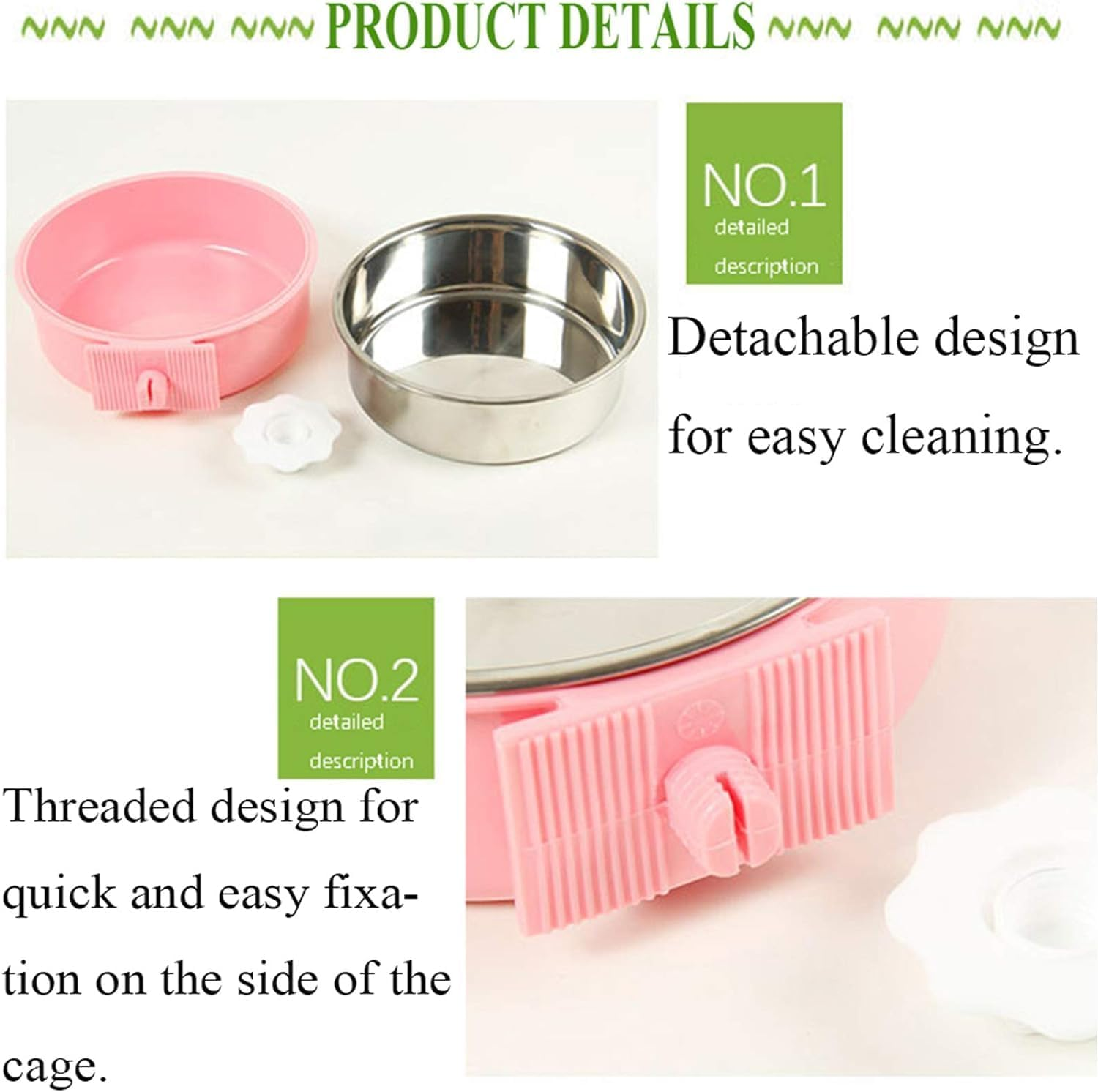 Kathson Crate Dog Bowl, Removable Stainless Steel Hanging Pet Cage Bowl Food & Water Feeder Coop Cup for Cat, Puppy, Birds, Rats, Guinea Pigs 2Pcs(Blue,Green) image number 1