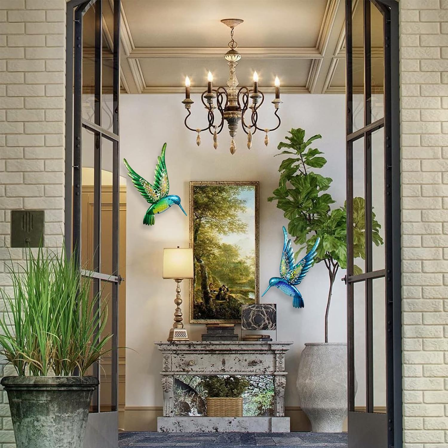 HONGLAND Metal Hummingbird Wall Art 15Inch Metal Birds Wall Sculpture Garden Decoration Outdoor Statue Patio Fence Hanging Plaques 2 Pack