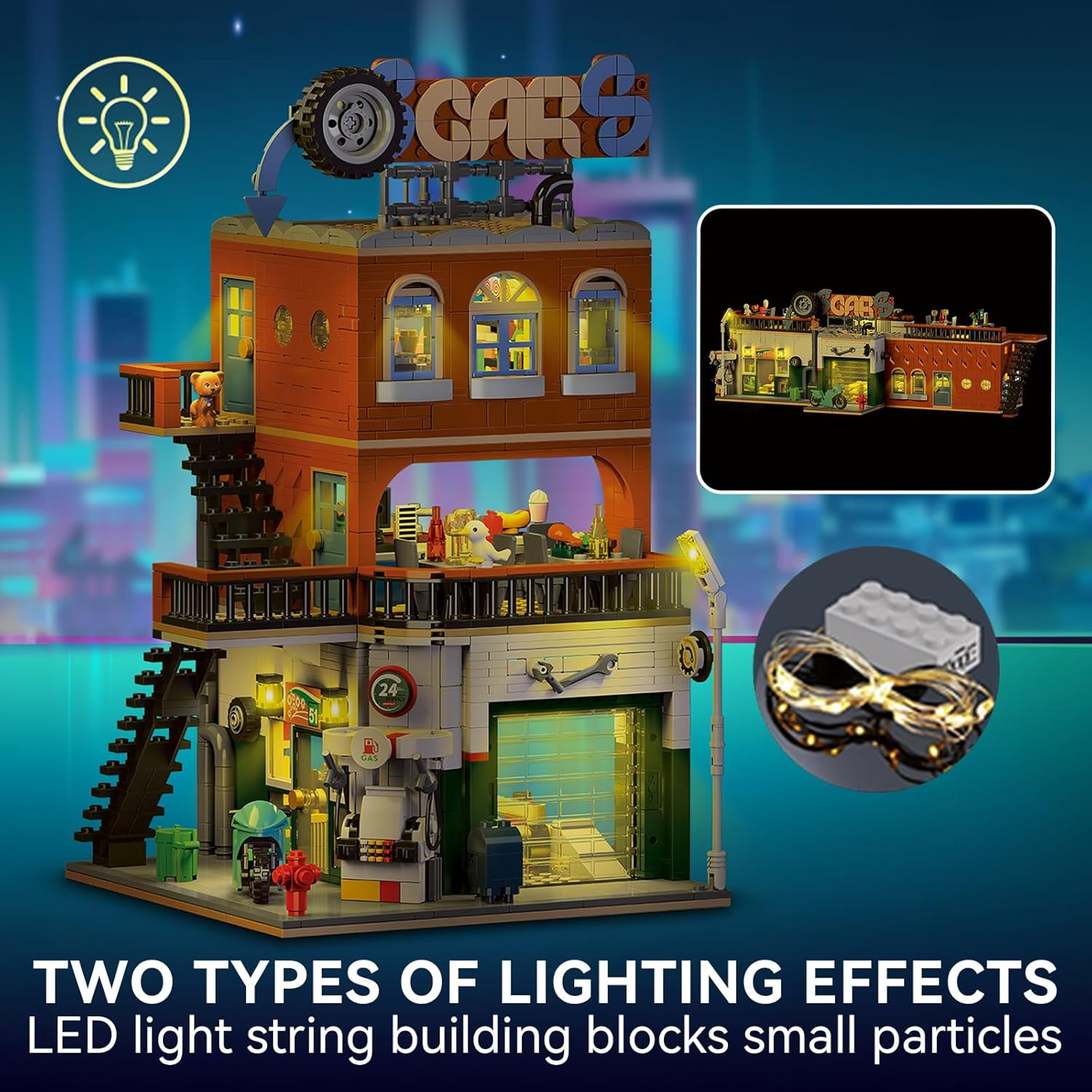 2 in 1 City Building Set, Compatible with  City House with LED Light, Street View Car Repair Shop Architecture Modular Construction Kit, Toys Gift for Adults and Kids Boys Aged 8+ (1637 PCS)