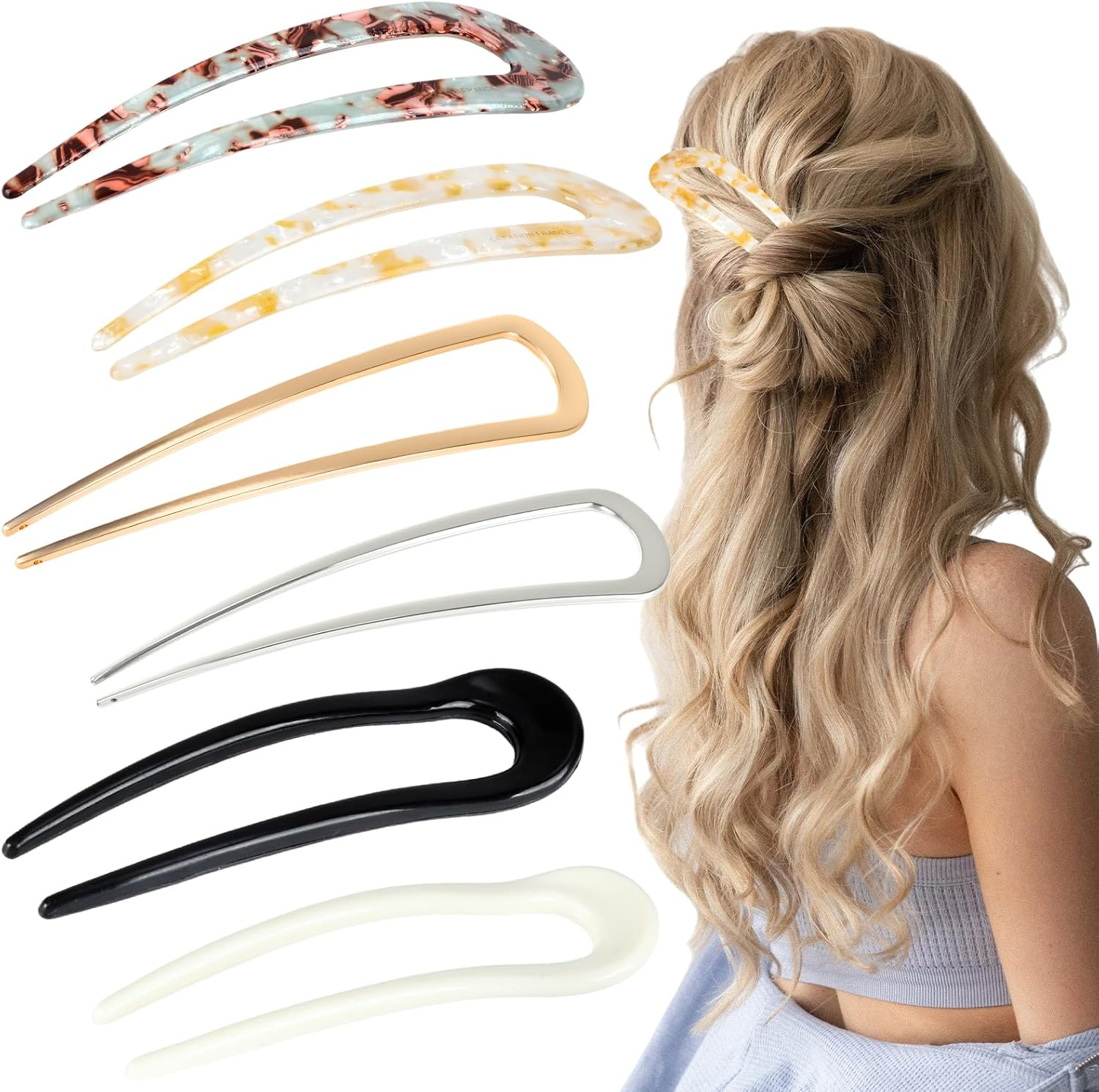 Pack of 6 U-Shaped Hair Pins, French Hair Pin, Metal Hair Pins, Large Headpiece for Women, Girls, Long Hairstyle Accessories image number 1