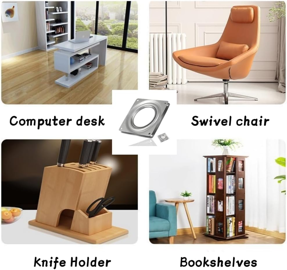 2 Pcs 4 Inch Lazy Susan Turntable Bearings Hardware，Square Rotating Bearing Plate for Serving Trays, Swivel Plate, Kitchen Storage Racks, Craft Table，Heavy Duty Metal Hardware TV Rack Desk Tool